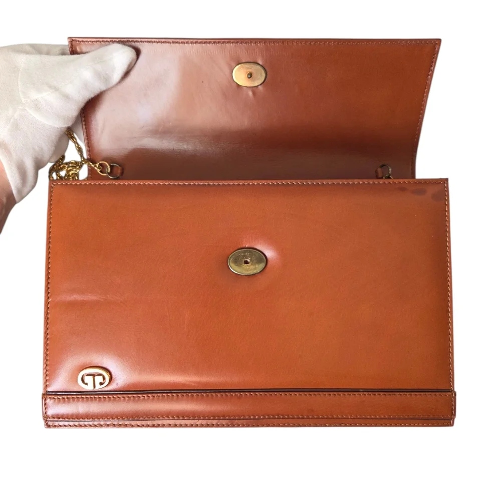 Vintage Gucci Cognac Leather Chain Shoulder Bag Envelope Clutch Purse - Picture 10 of 17